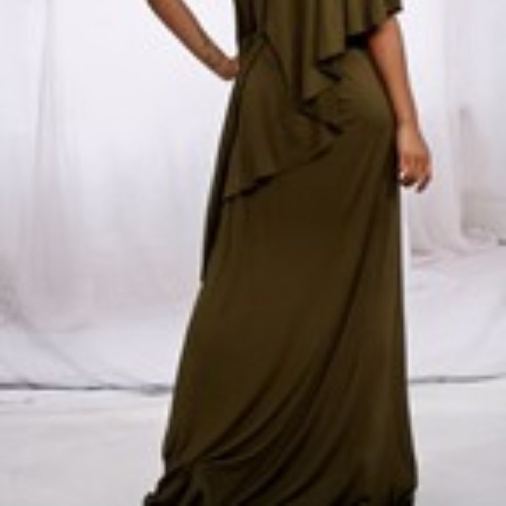 OLIVE ONE-SHOULDER RUFFLE MAXI DRESS - Picture 3 of 5